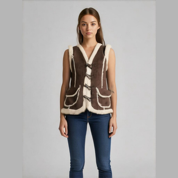 Vero Moda Faux Suede Shearling Vest Brown Cream Small - Picture 1 of 5